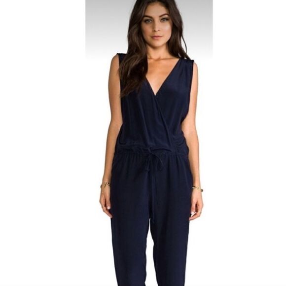 Anthro Rory Beca Navy Silk Cinch Waist Jumpsuit - Picture 1 of 5